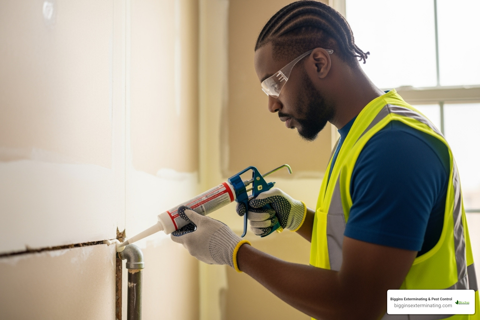 image of a professional sealing a gap around a pipe - mice exterminator lexington ma