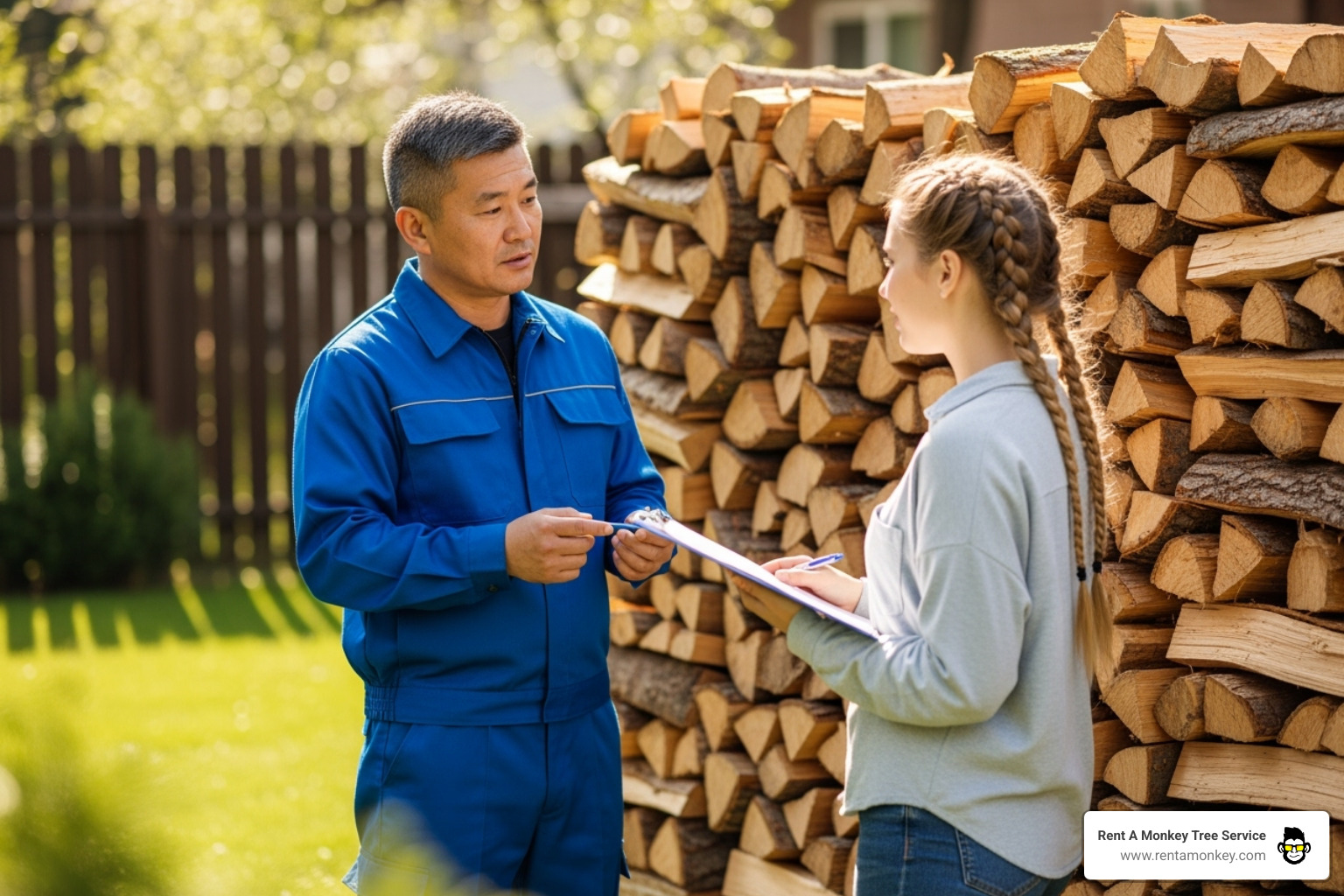 service provider giving a quote to a homeowner next to a wood pile - firewood splitting service