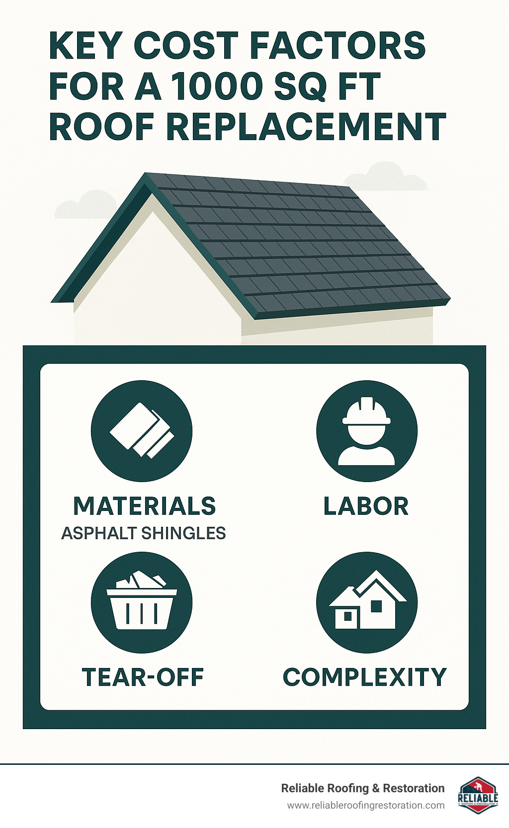 Shingle Shock: Pricing Out a 1000 Sq Ft Roof Replacement in Cypress, TX 1 Key cost factors for a 1000 sq ft roof replacement including materials, labor, tear-off, and complexity - cost to reshingle roof 1000 sq ft cypress tx infographic