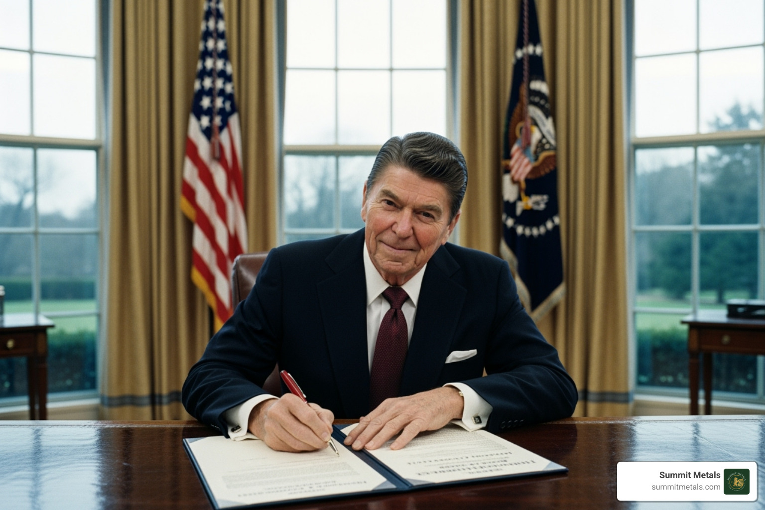 President Reagan signing a bill - eagle one dollar coin