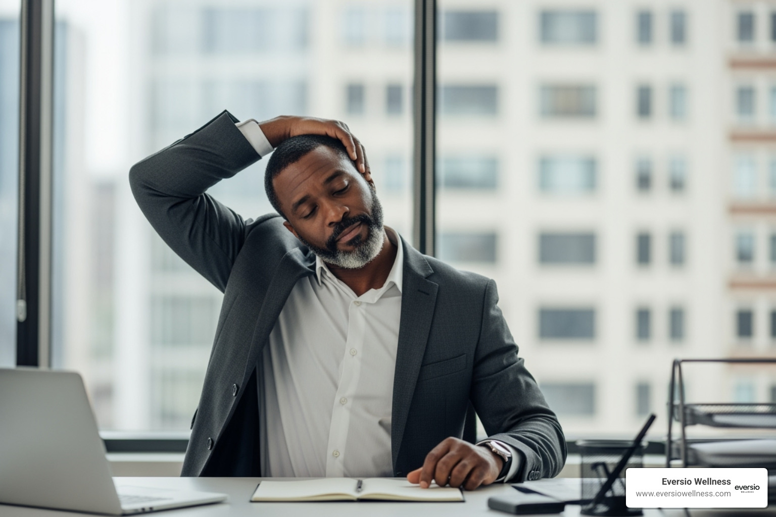 person doing a simple stretch at their work desk - Daily health regimen