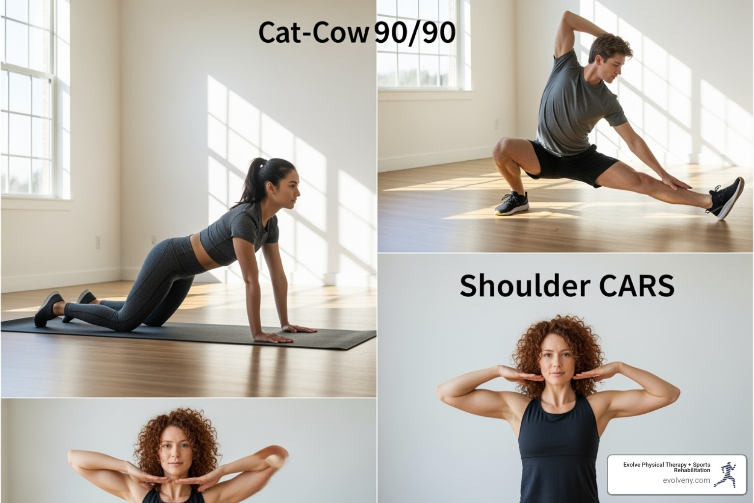 collage showing different mobility exercises like Cat-Cow, 90/90 stretch, and shoulder CARs - best mobility movements