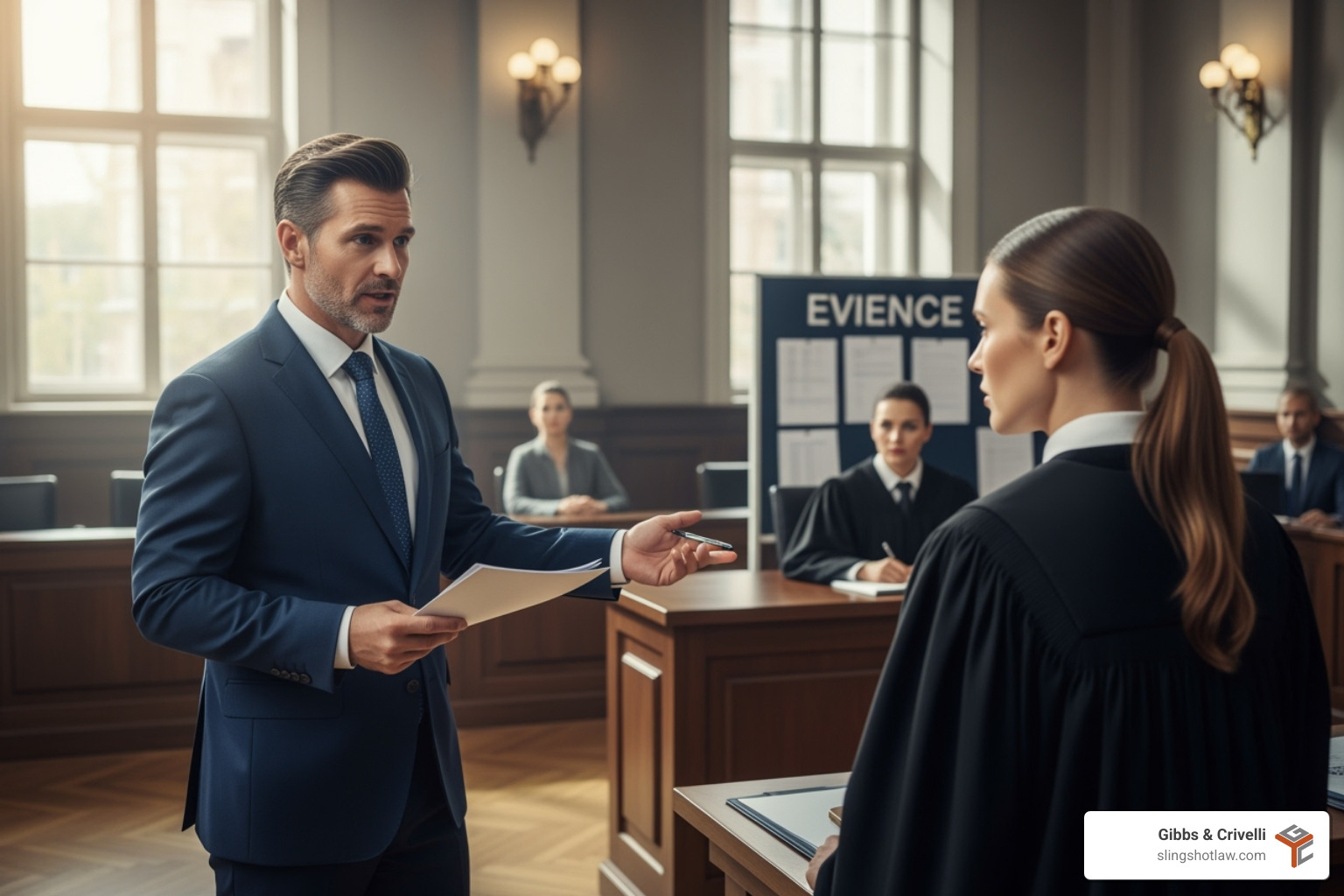 Confident lawyer presenting evidence in a courtroom - personal injury law firm