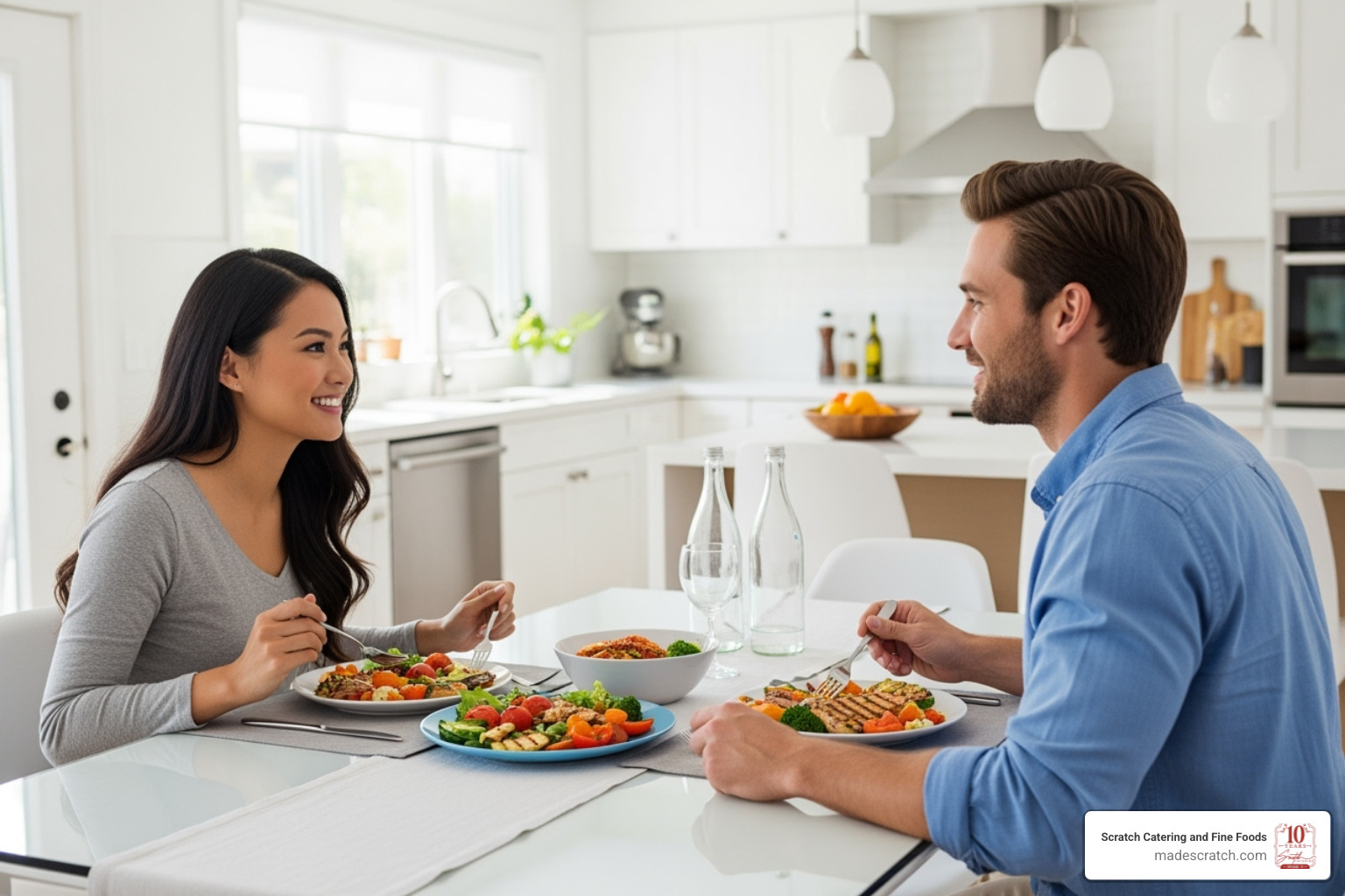 happy individual or couple enjoying a healthy meal at home without a messy kitchen in the background - Daily meal service
