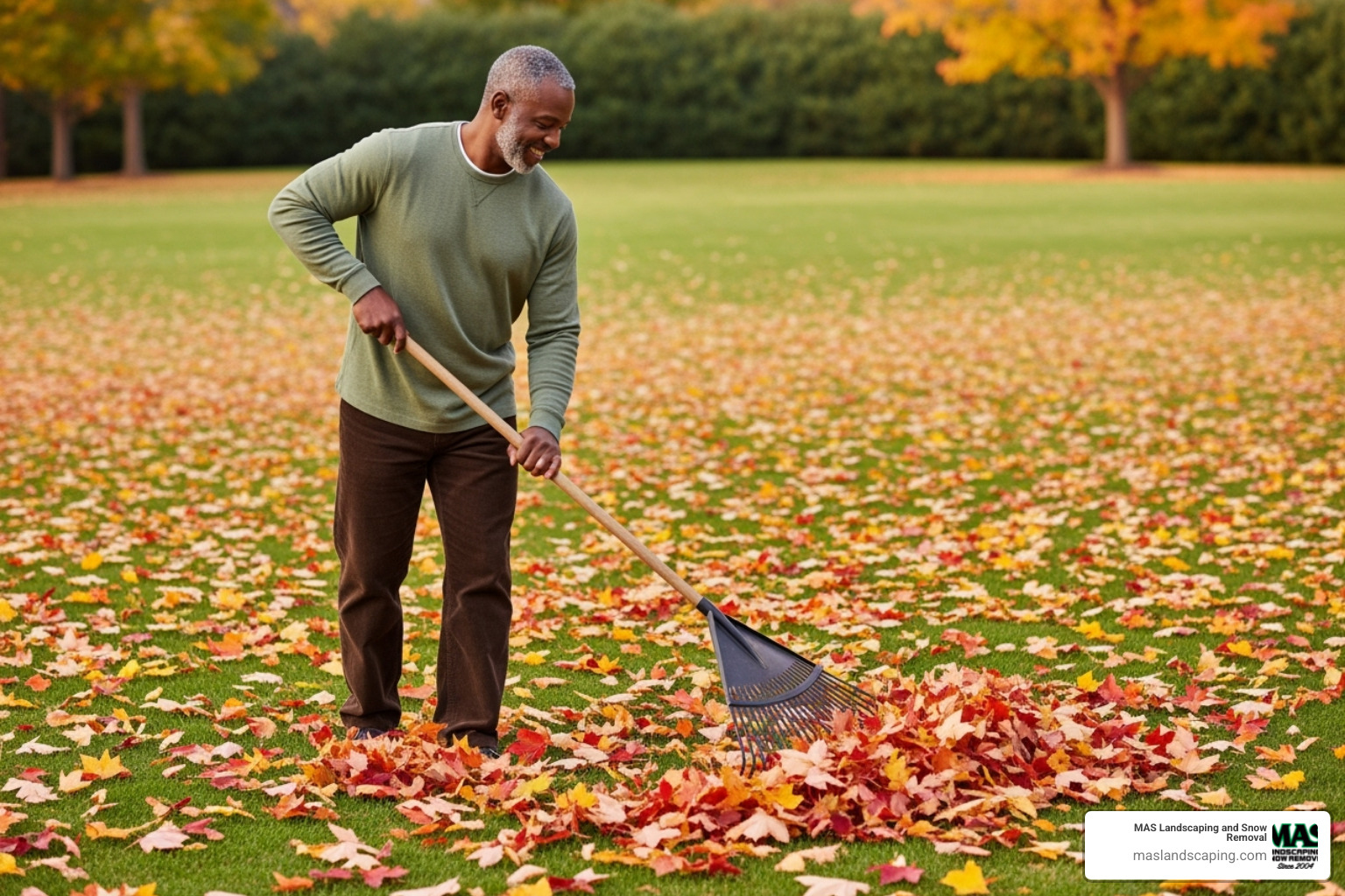 A person raking colorful fall leaves on a lawn. - fall yard maintenance