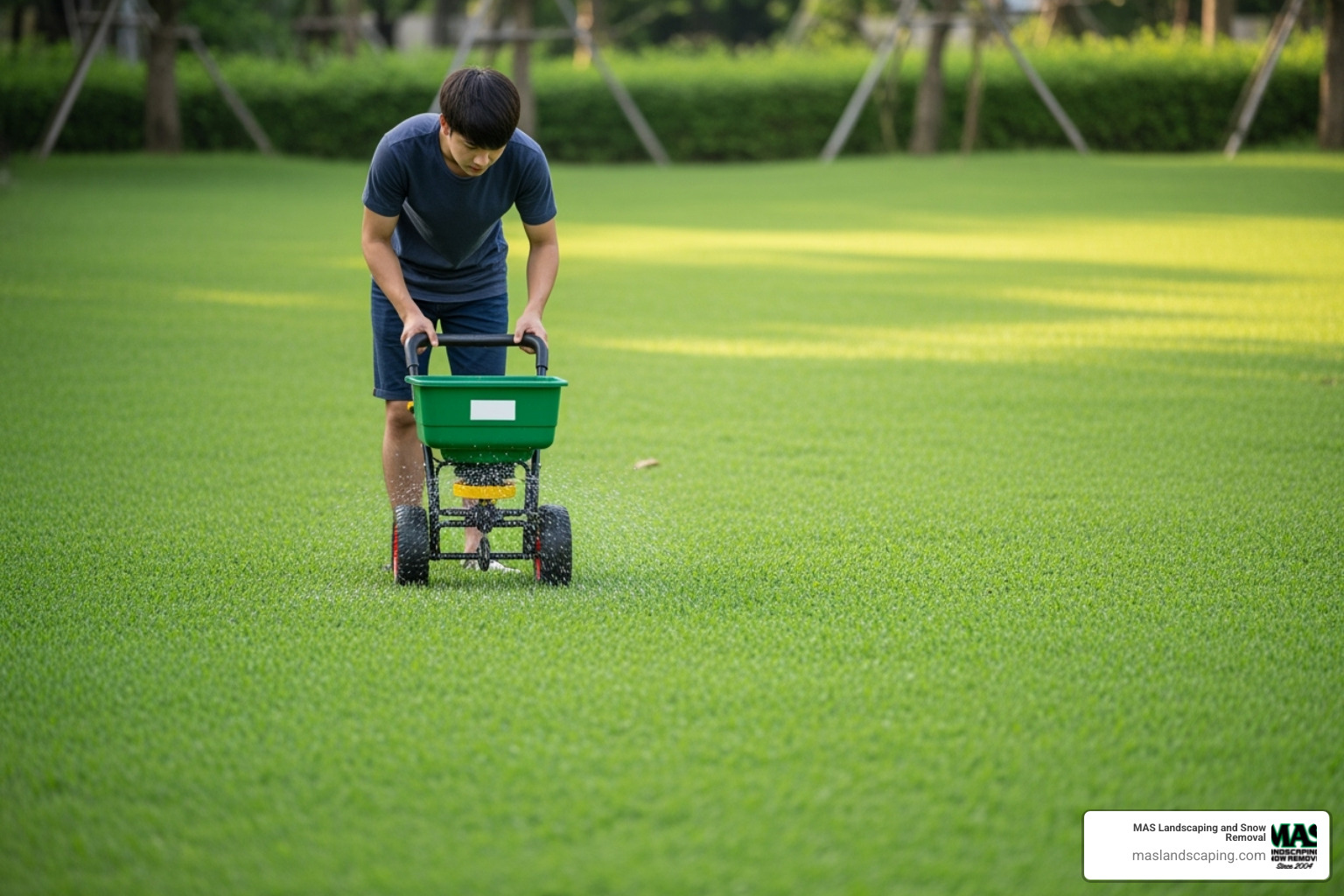 A person using a broadcast spreader to fertilize a lawn. - fall yard maintenance