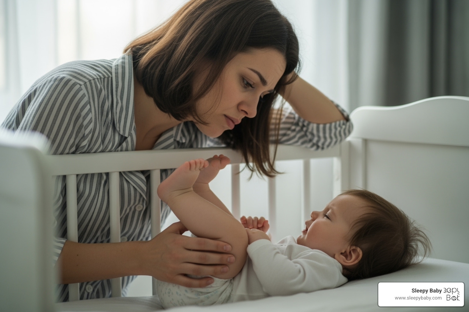 A parent looking frustrated while a baby resists napping - baby nap time tips