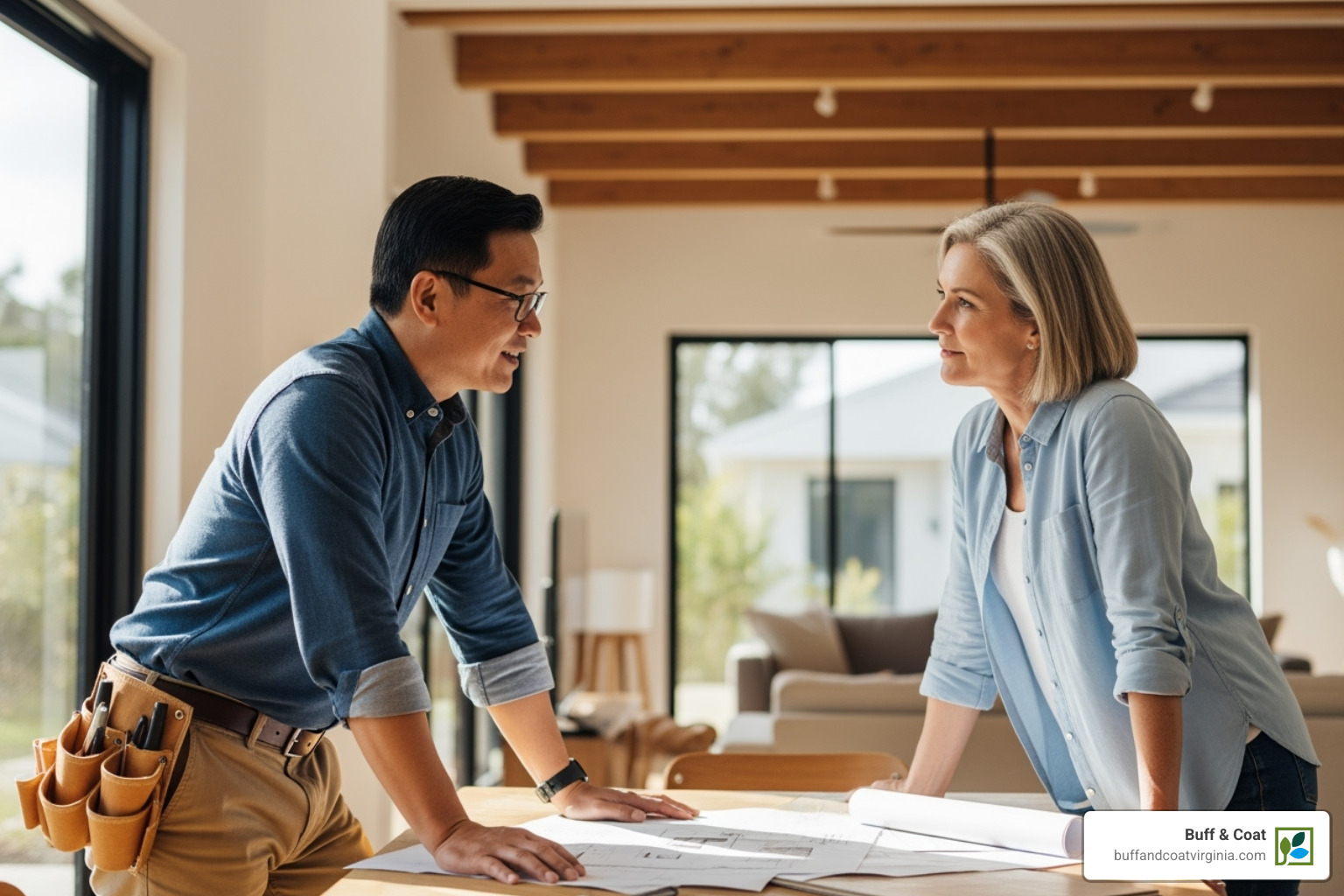friendly contractor discussing options with a homeowner - hardwood flooring richmond va