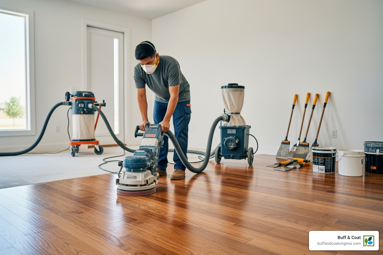 professional refinishing a hardwood floor with modern equipment - hardwood flooring richmond va