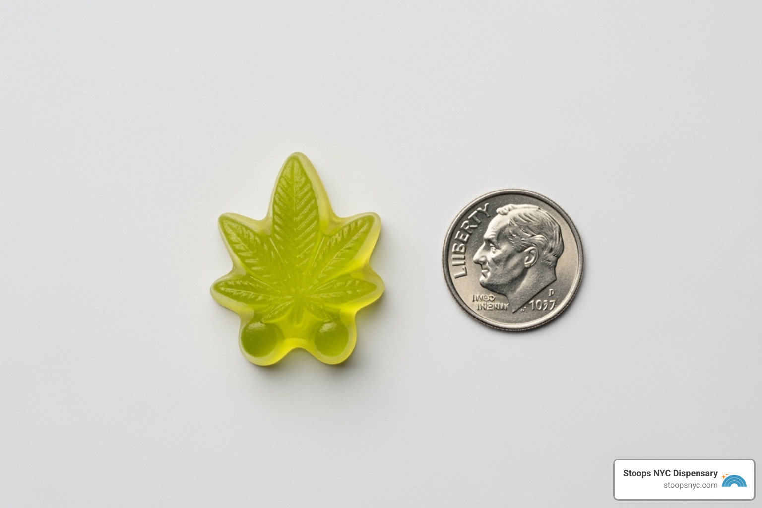 A single gummy next to a dime for scale - gron edibles
