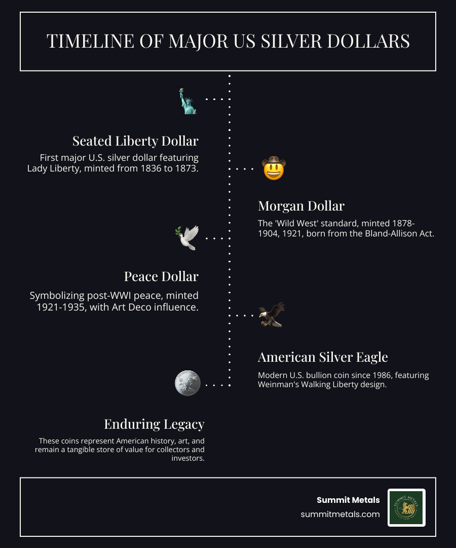 timeline of major US Silver Dollars from the Seated Liberty to the American Silver Eagle - liberty silver dollar infographic infographic-line-5-steps-dark