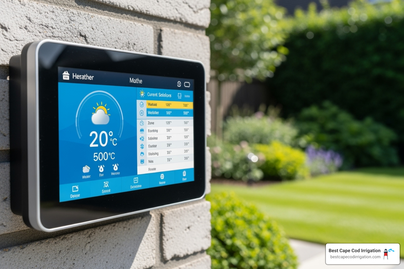 A modern smart irrigation controller mounted on a wall, displaying a digital interface with weather data and watering schedules. - professional sprinkler installation