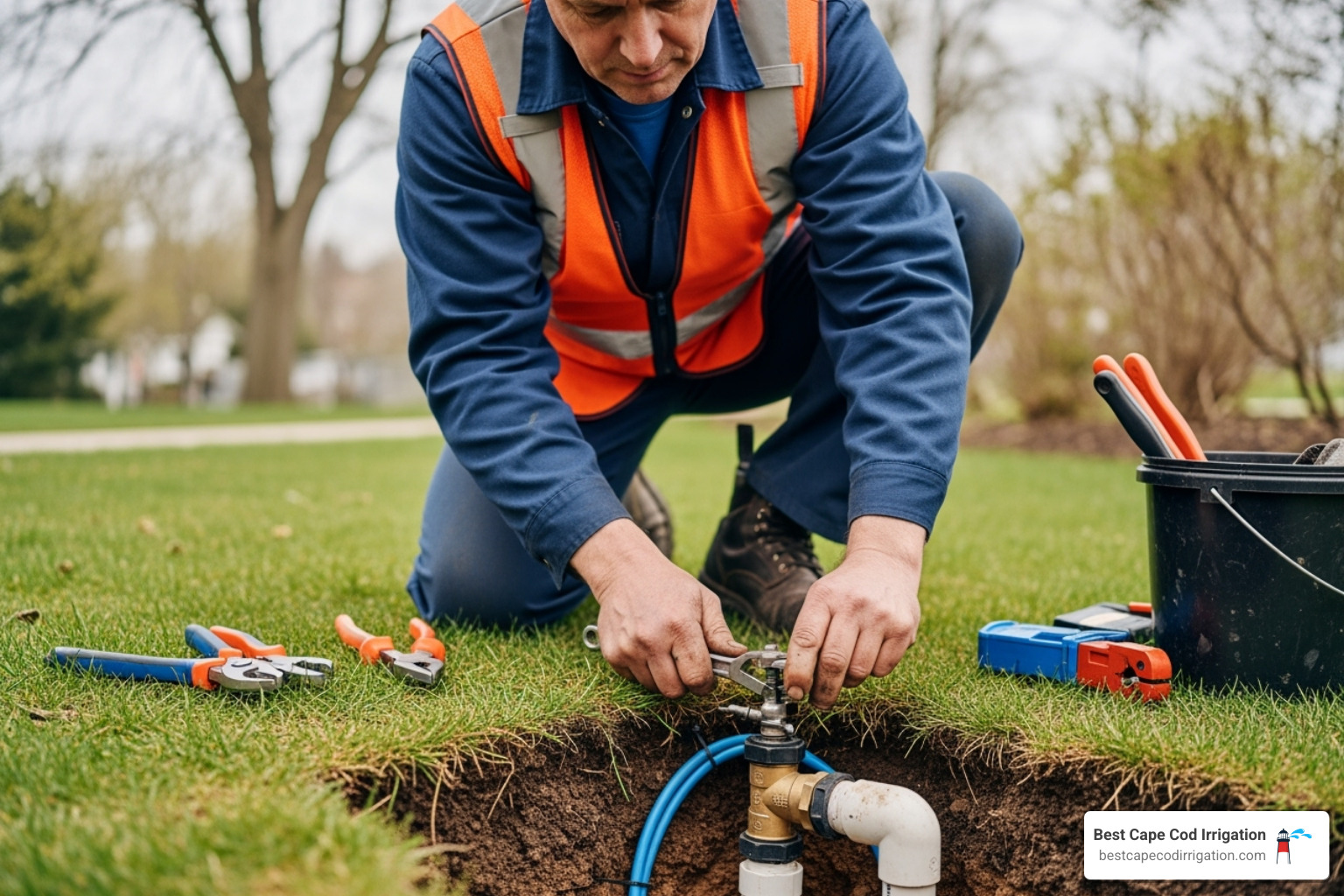 A skilled technician performing a spring start-up service on a sprinkler system, checking components and ensuring proper function. - professional sprinkler installation