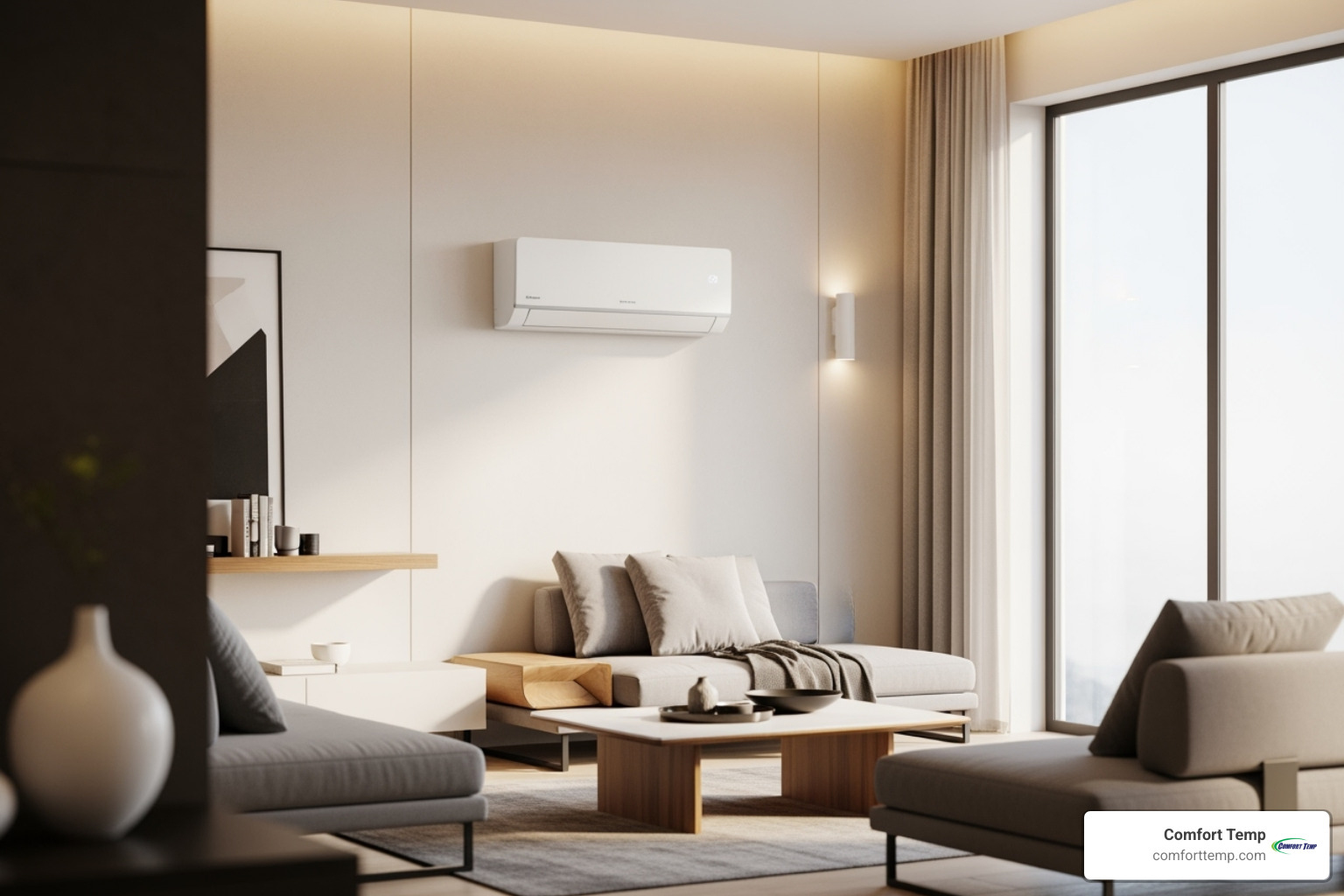 Image of a wall-mounted ductless mini-split unit in a modern living room - new hvac system
