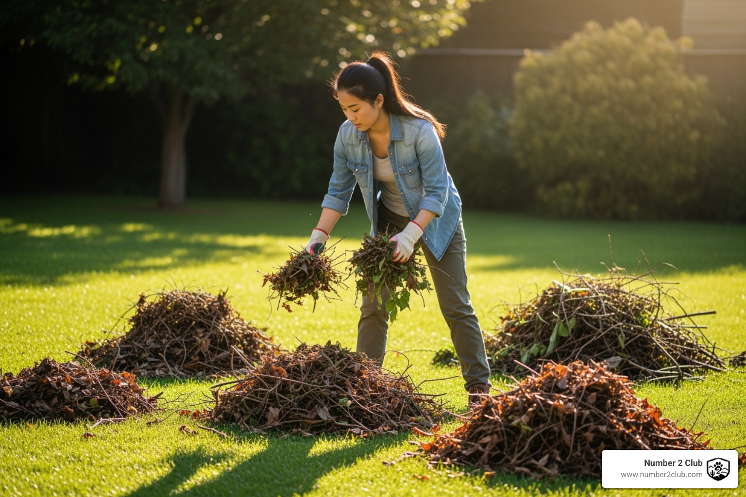 A person in the middle of a yard cleanup, sorting debris into piles - overgrown yard clean up