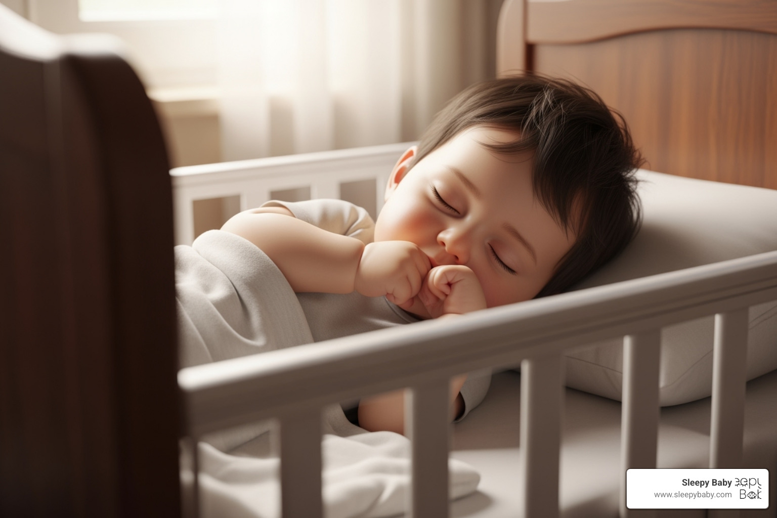 A baby happily sucking on their hand in a crib - self soothing baby techniques