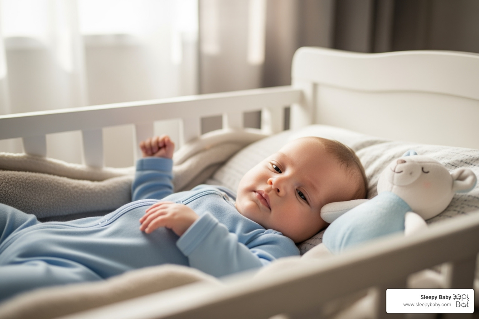 A baby around 4 months old looking content and peaceful in their crib - self soothing baby techniques