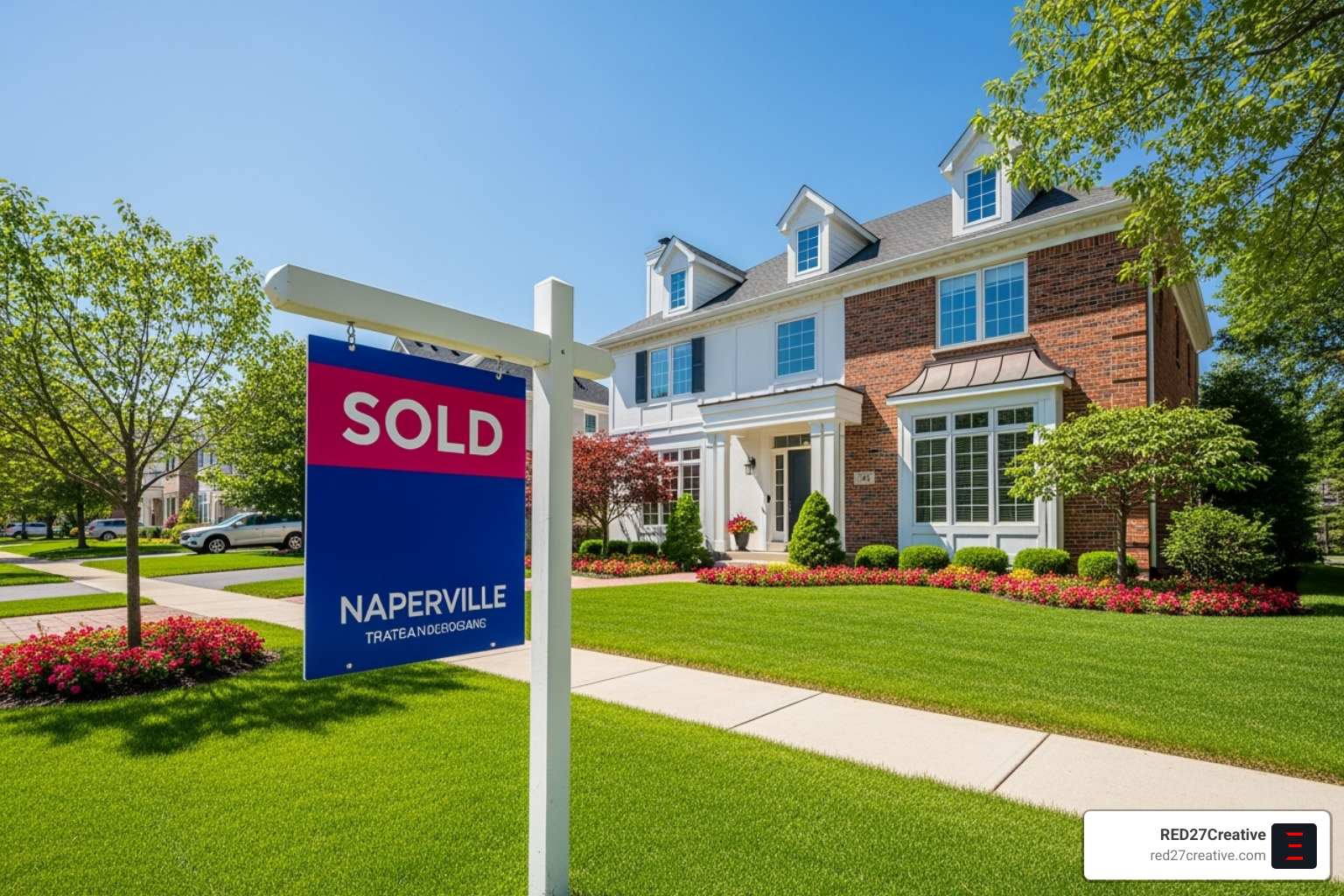 Picture This – Your Ultimate Naperville Real Estate Photography Resource • Naperville real estate photography • RED27Creative A "Sold" sign in front of a beautiful Naperville home, symbolizing a successful sale - Naperville real estate photography