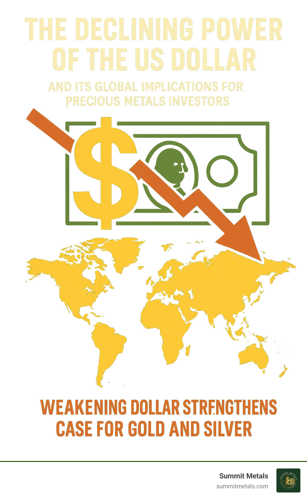 Infographic detailing the declining power of the US Dollar and its global implications for precious metals investors - new silver dollar infographic 