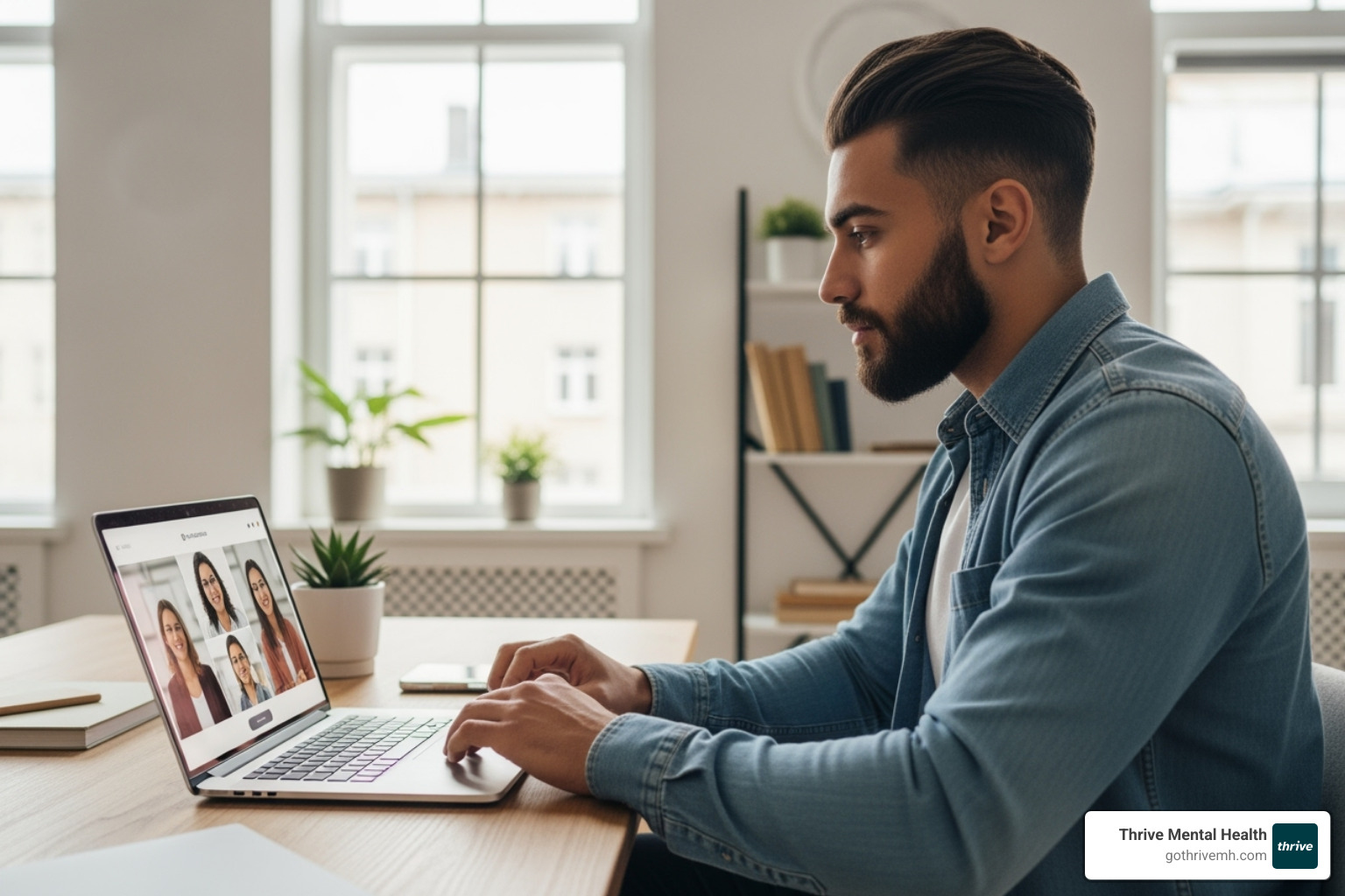 A young professional participating in a virtual group therapy session from their home office - intensive outpatient mental health program near me