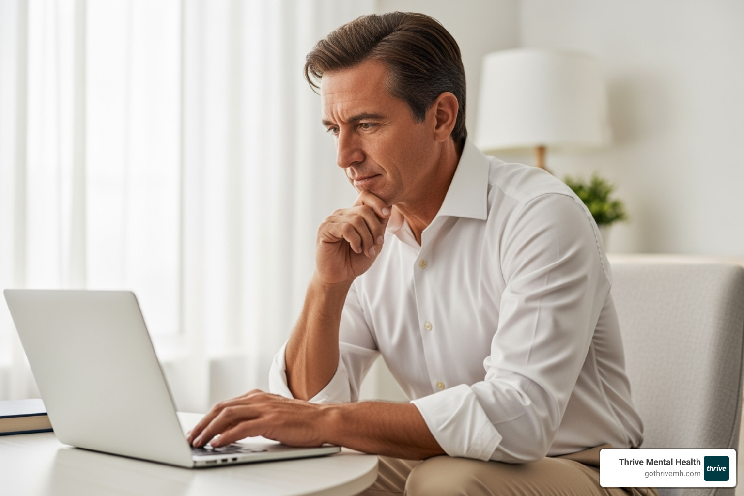 A person thoughtfully searching on a laptop for treatment options - intensive outpatient mental health program near me