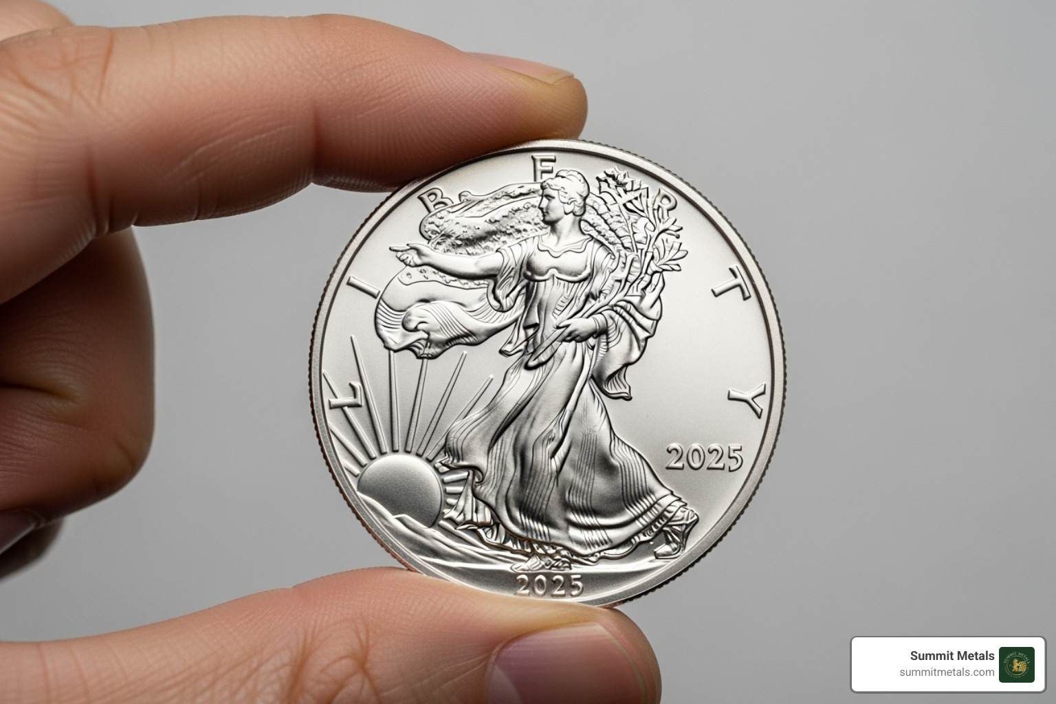 Single 2025 Silver Eagle held between two fingers, showcasing its brilliant finish - 2025 1 oz fine silver dollar