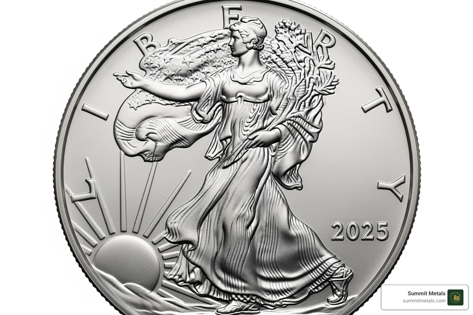 Obverse "Walking Liberty" design in high detail on the 2025 American Silver Eagle coin - 2025 1 oz fine silver dollar