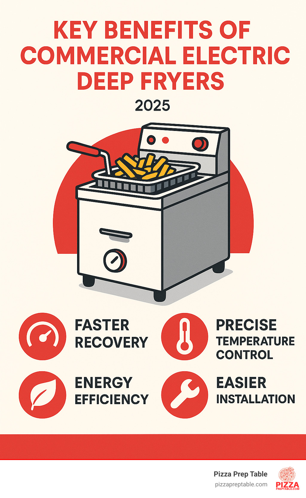 Key benefits of commercial electric deep fryers including faster recovery, precise temperature control, energy efficiency, and easier installation. - commercial electric deep fryer infographic 