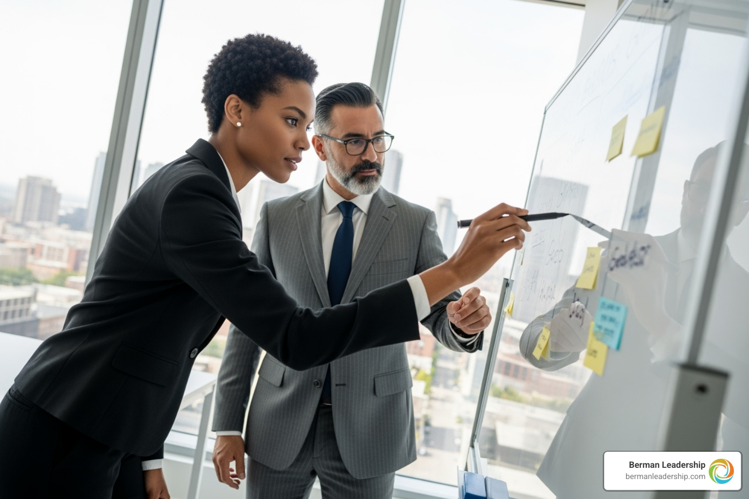 A coach and an executive in a one-on-one session, looking at a whiteboard with goals. - executive coaching