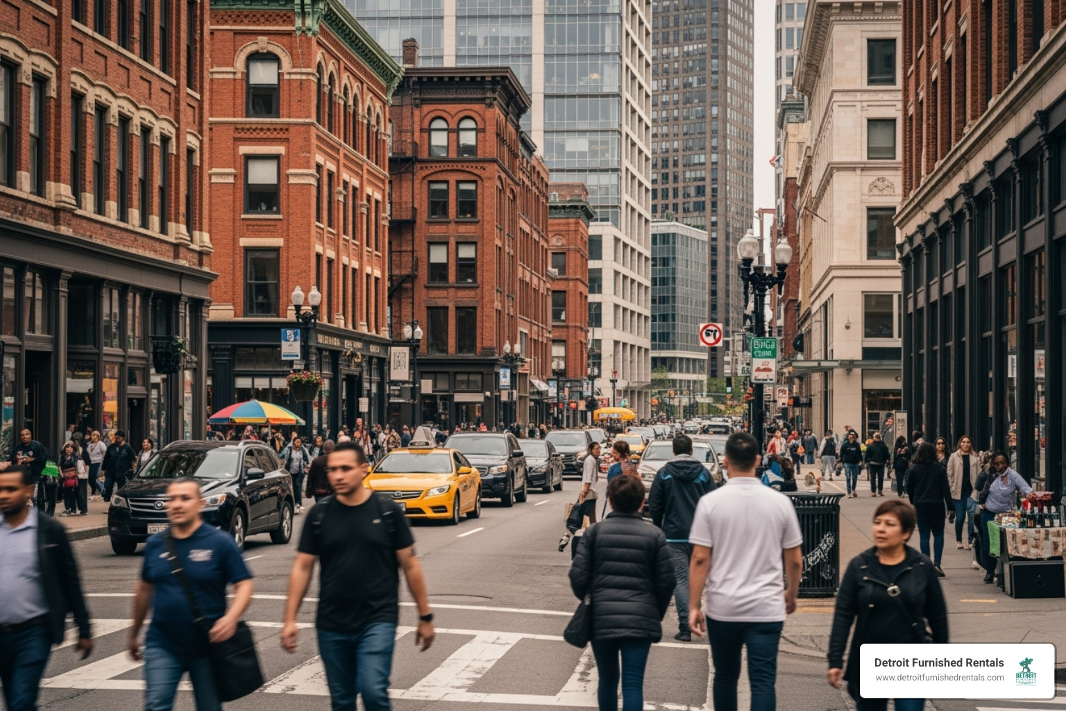 busy street scene in a popular Detroit neighborhood like Corktown or Midtown - apartment rentals detroit