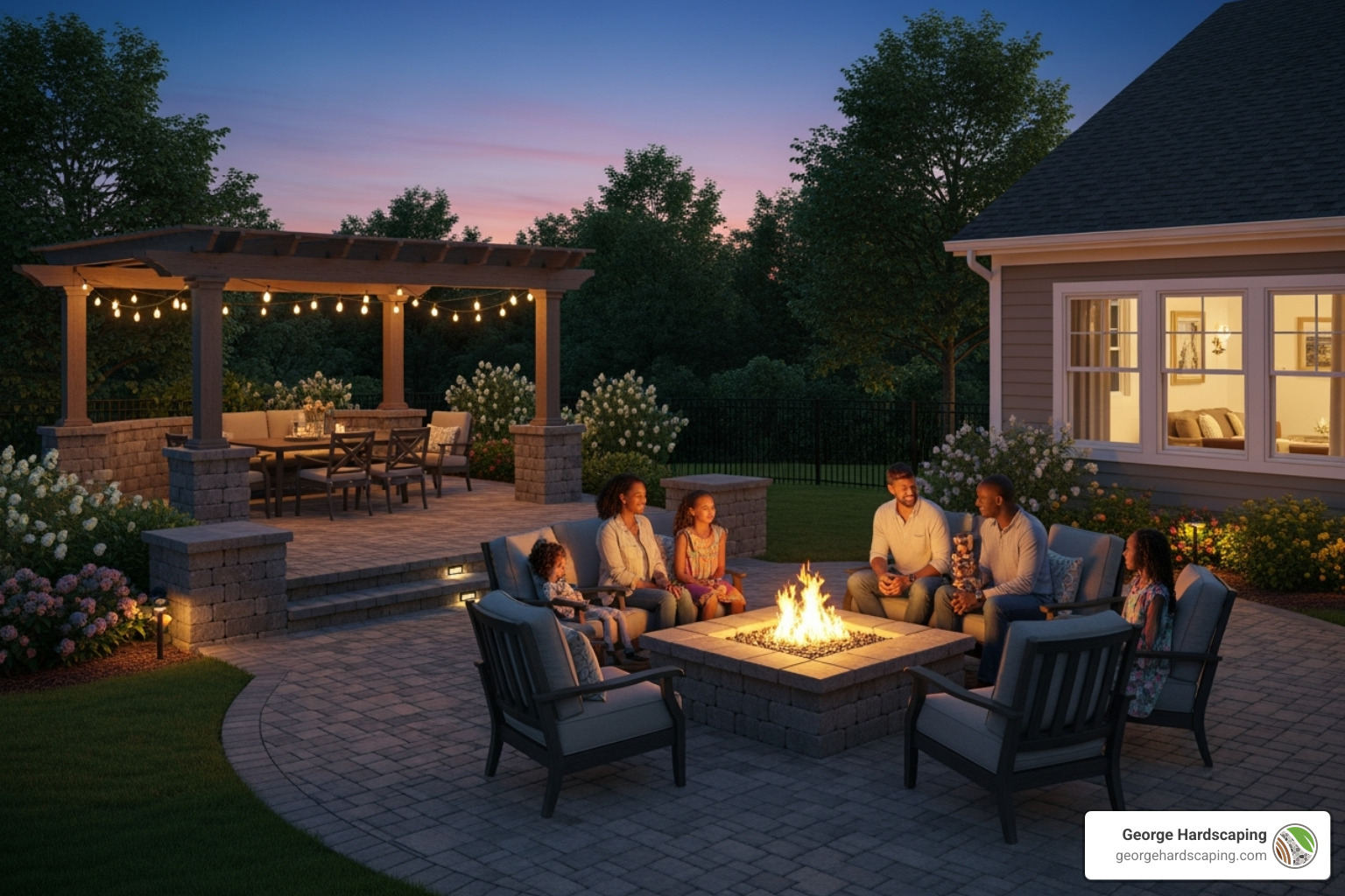 A beautiful, completed hardscape project featuring a multi-level paver patio with a built-in fire pit and seating walls, enjoyed by a family at dusk. - block companies near me