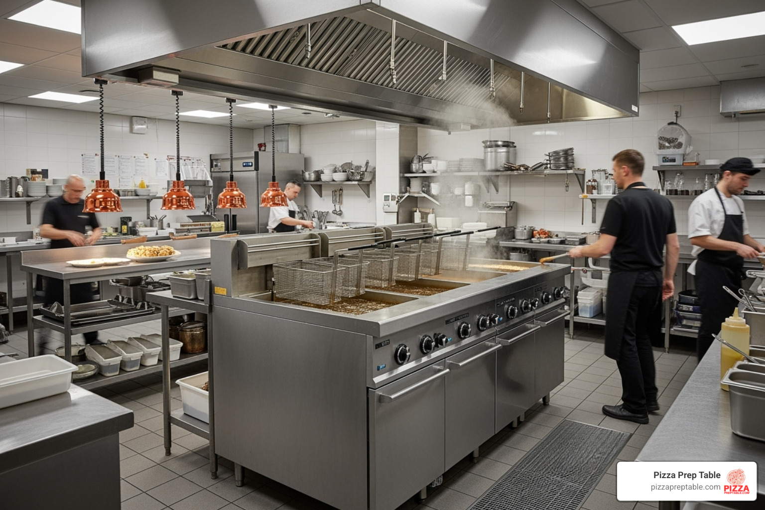 large, multi-vat stainless steel floor model electric fryer in a busy restaurant kitchen - commercial electric deep fryer