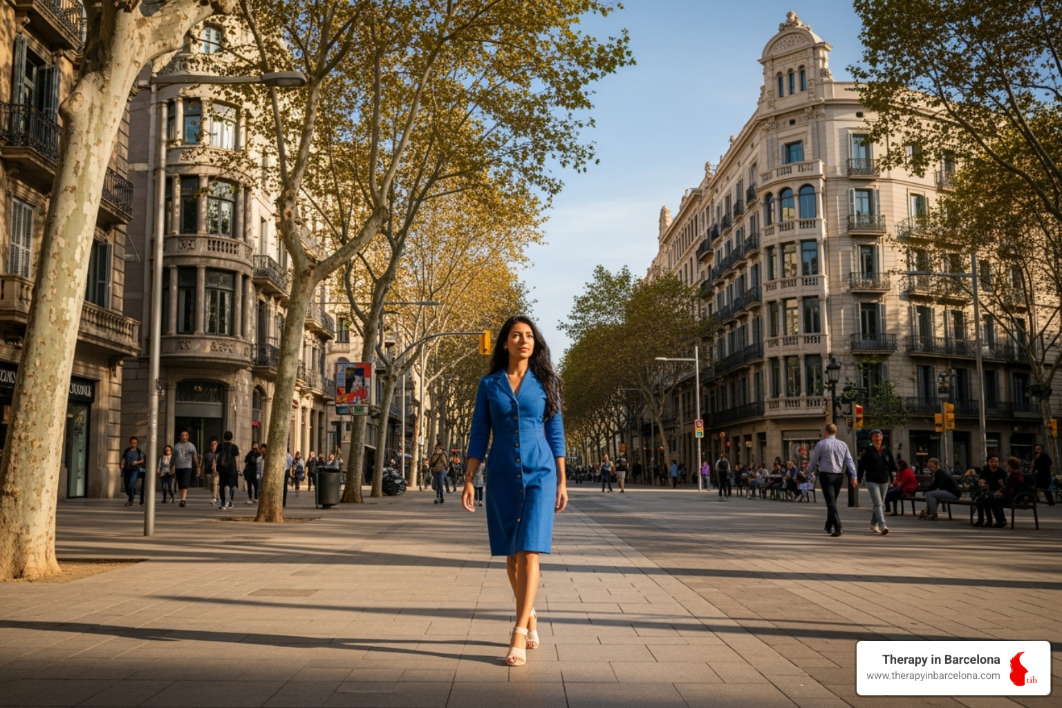 A person confidently walking down a beautiful street in the Eixample district of Barcelona - CBT for life transitions