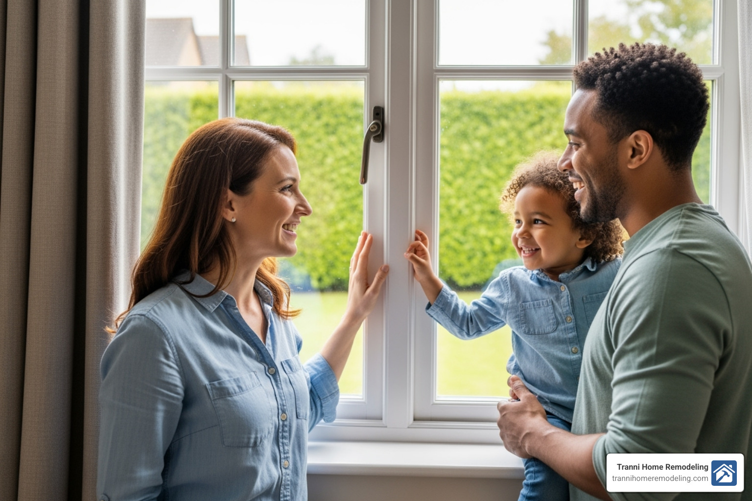 A happy family looking out of their newly installed, sparkling clean windows, symbolizing comfort and satisfaction - window installation contractor
