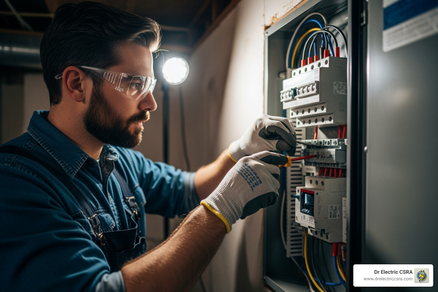 licensed electrician safely installing a surge protector in an electrical panel - 200 amp whole house surge protector