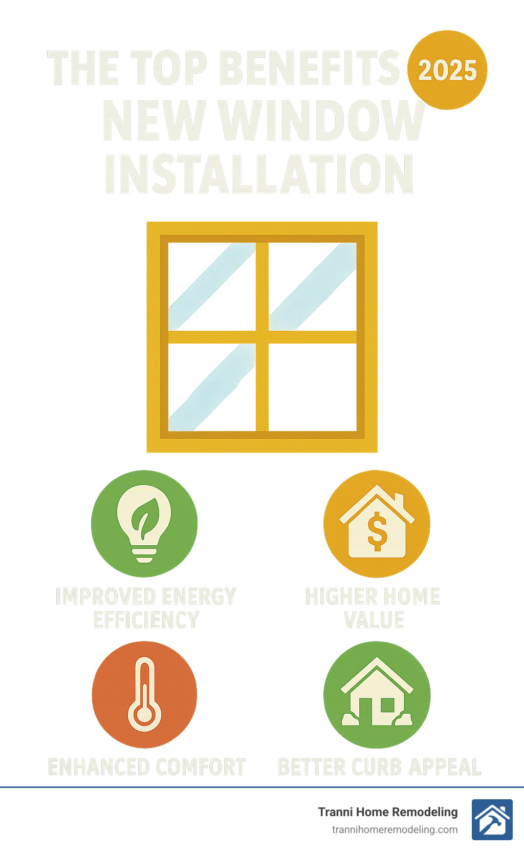 Infographic showing the top benefits of new window installation: improved energy efficiency, higher home value, improved comfort, and better curb appeal - window installation contractor infographic 
