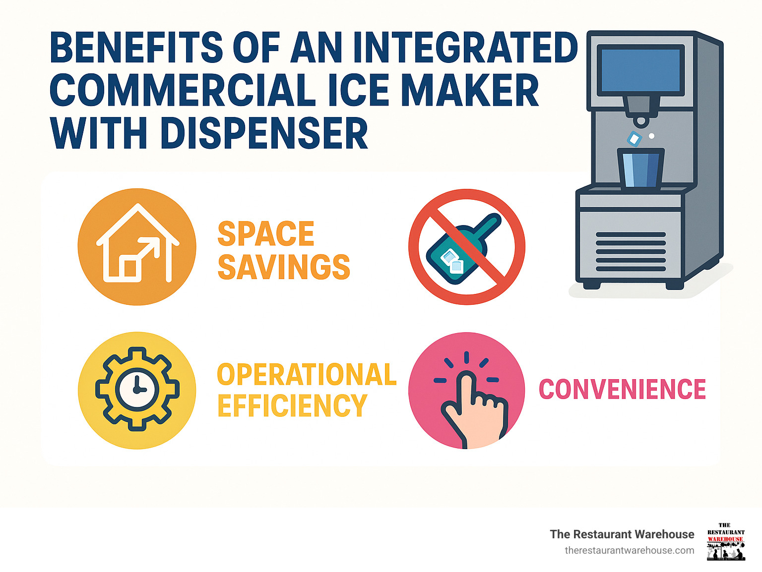 Infographic detailing the benefits of integrated commercial ice makers with dispensers, including space savings, improved hygiene, operational efficiency, and convenience compared to traditional ice bins and scoops. - commercial ice maker with dispenser infographic 