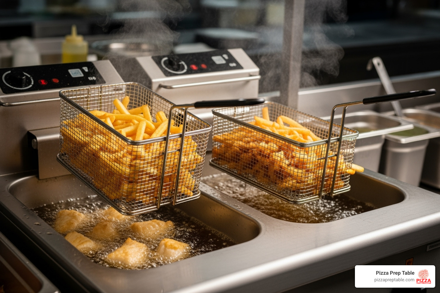 dual-tank fryer with one basket frying fish and the other frying fries - commercial electric deep fryer