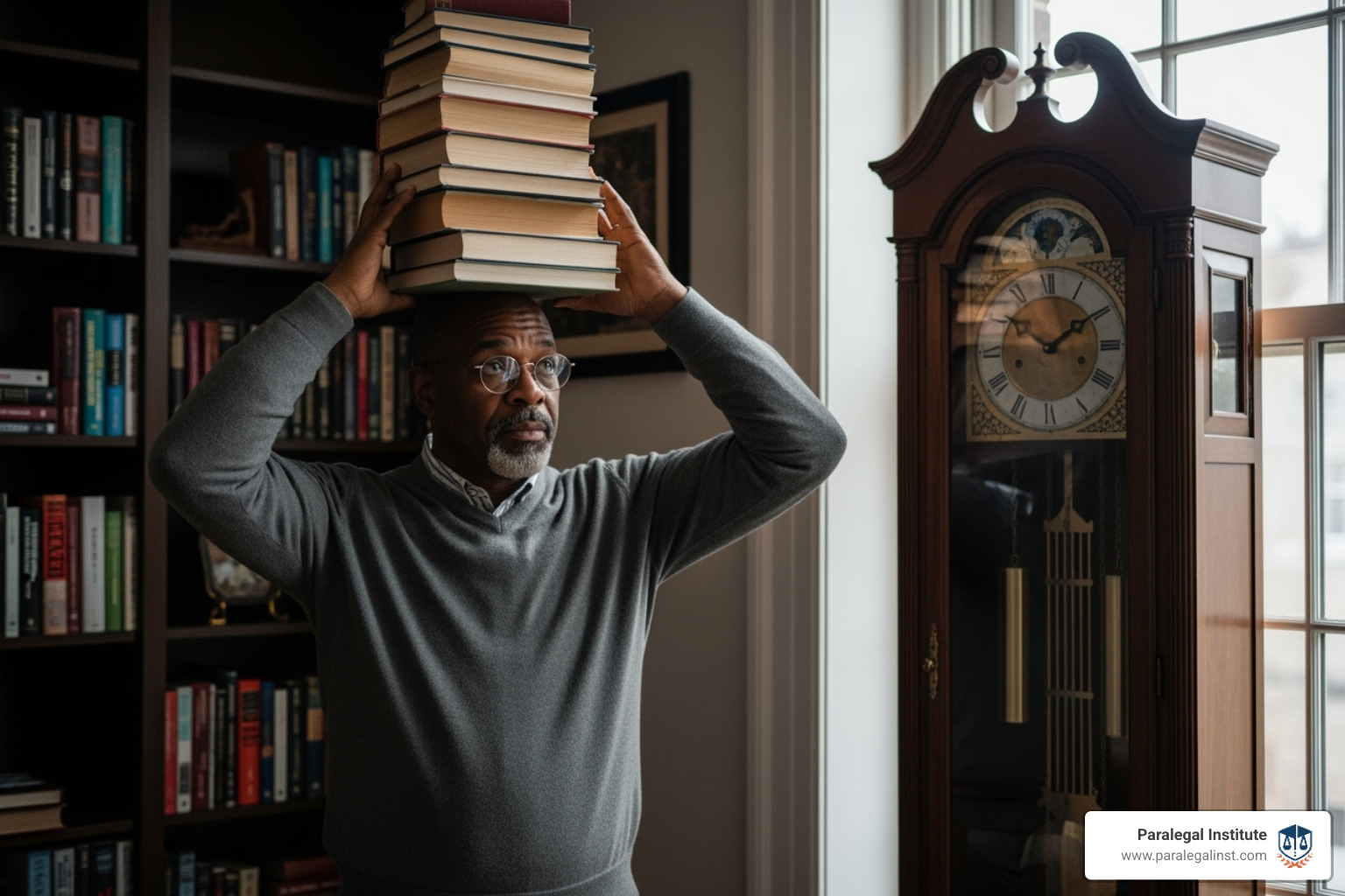 person balancing a stack of books and a clock - paralegal certificate online fast person balancing a stack of books and a clock - paralegal certificate online fast