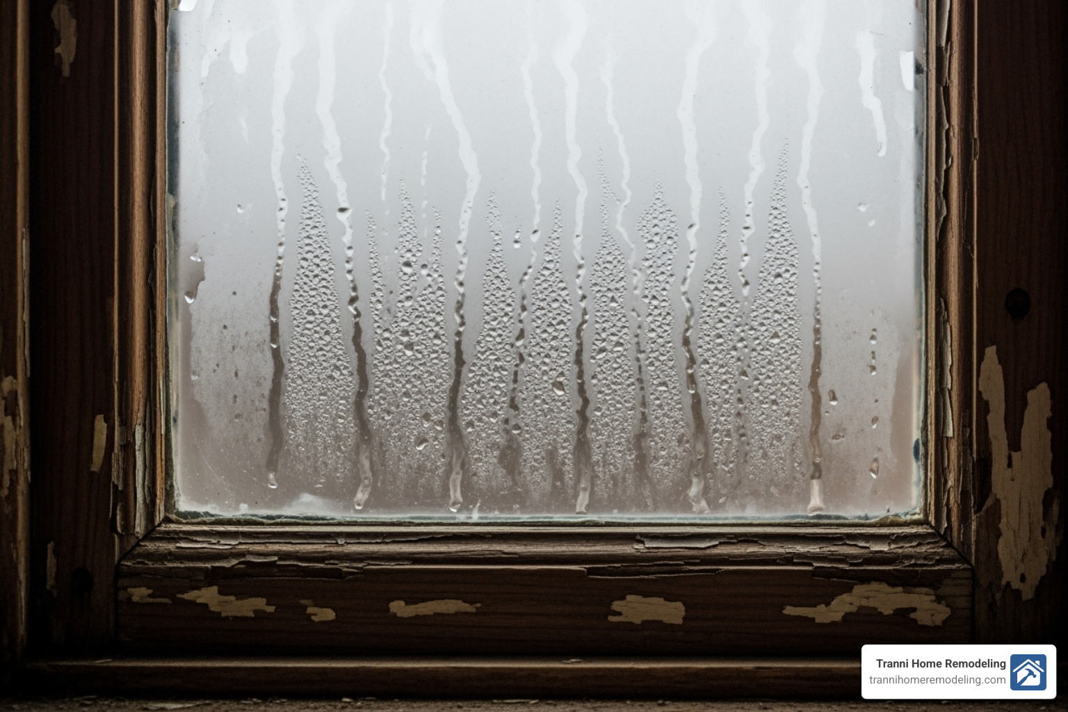 Close-up of an old, drafty window with visible condensation between the panes - window installation contractor