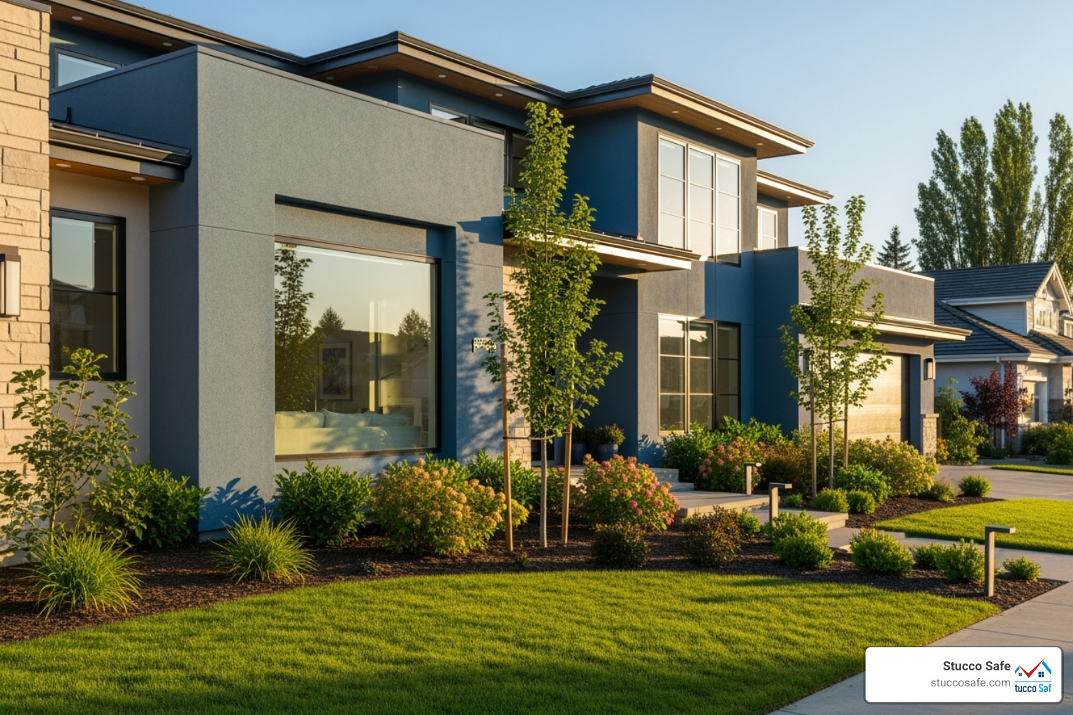 contemporary blue-grey stucco home - blue stucco house