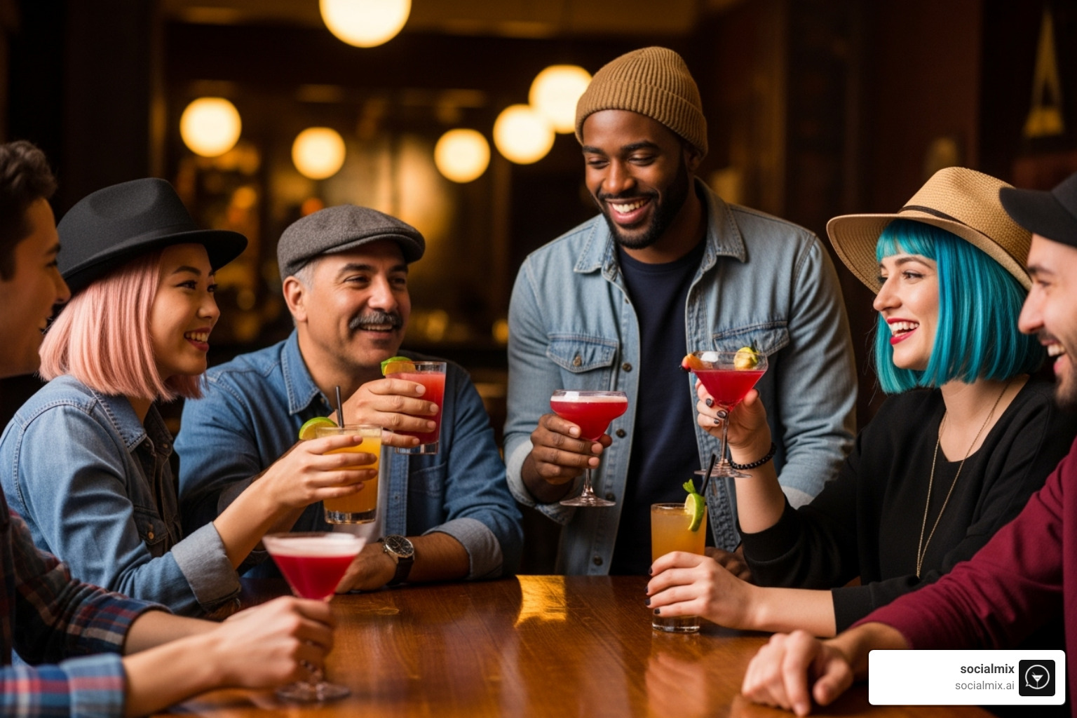 group of friends in a bar, all wearing different styles of cool bar hats and enjoying cocktails - bar hats
