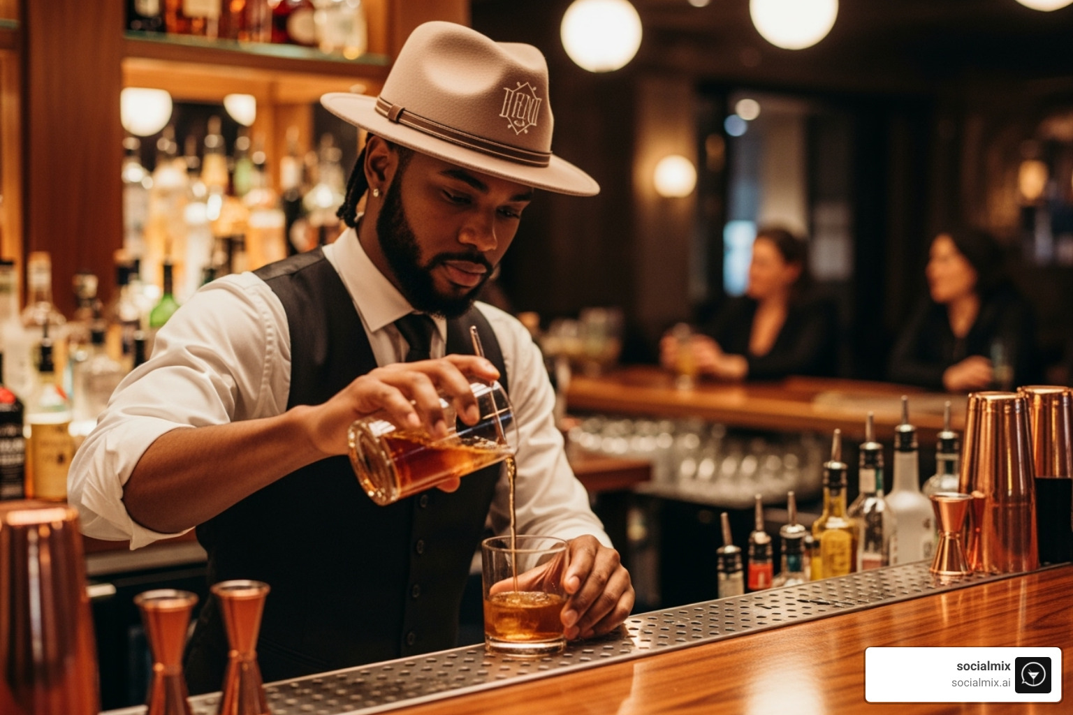 a bartender wearing a custom hat with a bar's logo, pouring a drink - bar hats