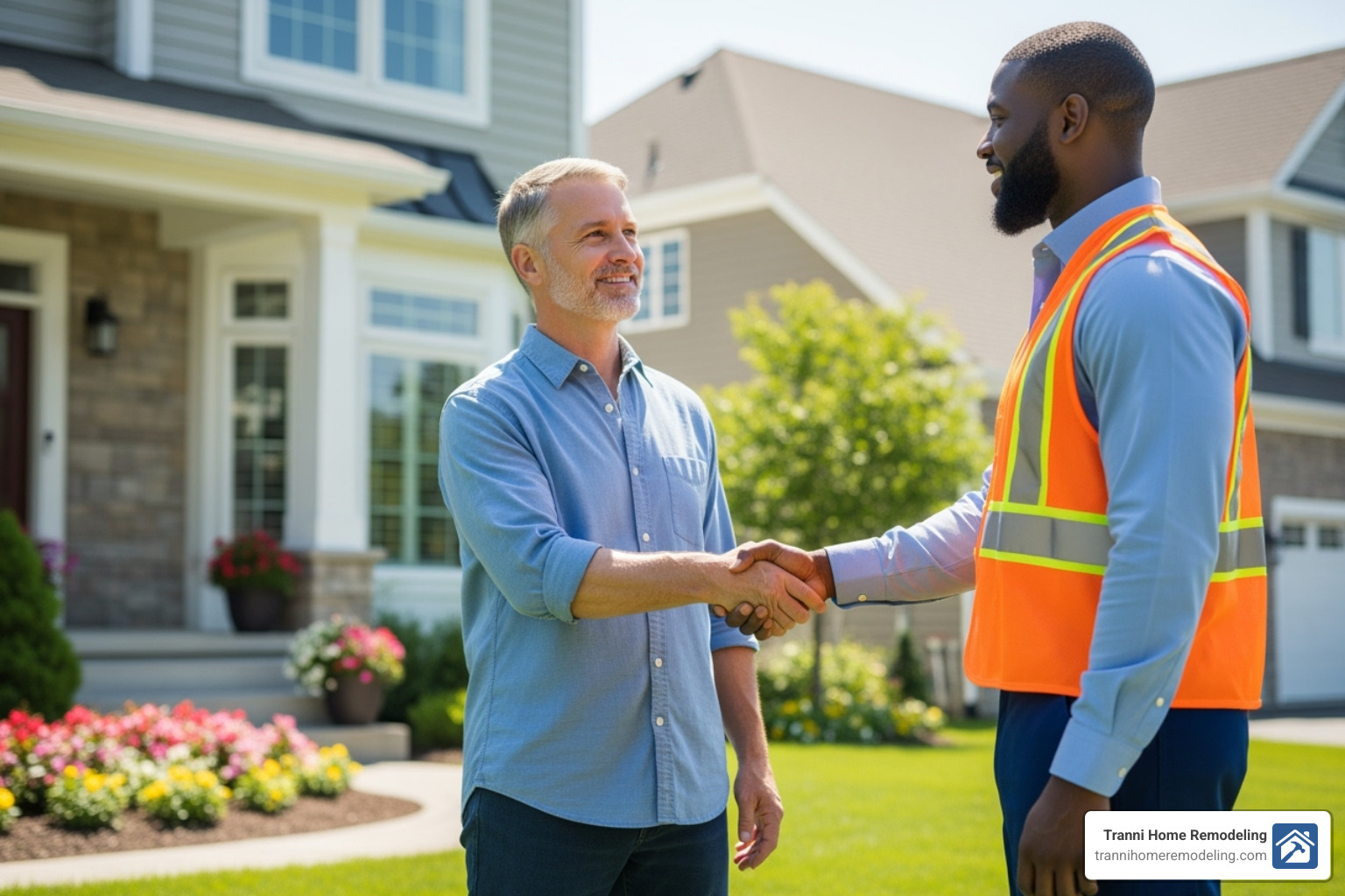 A homeowner with a friendly smile shaking hands with a professional window installation contractor, symbolizing trust and agreement - window installation contractor