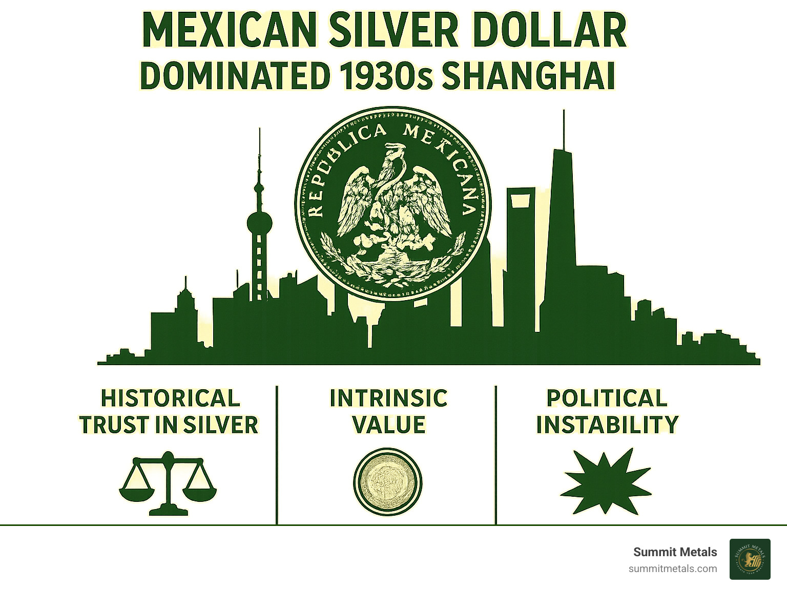Infographic showing reasons for Mexican Silver Dollar dominance in 1930s Shanghai - mexican silver dollar infographic 