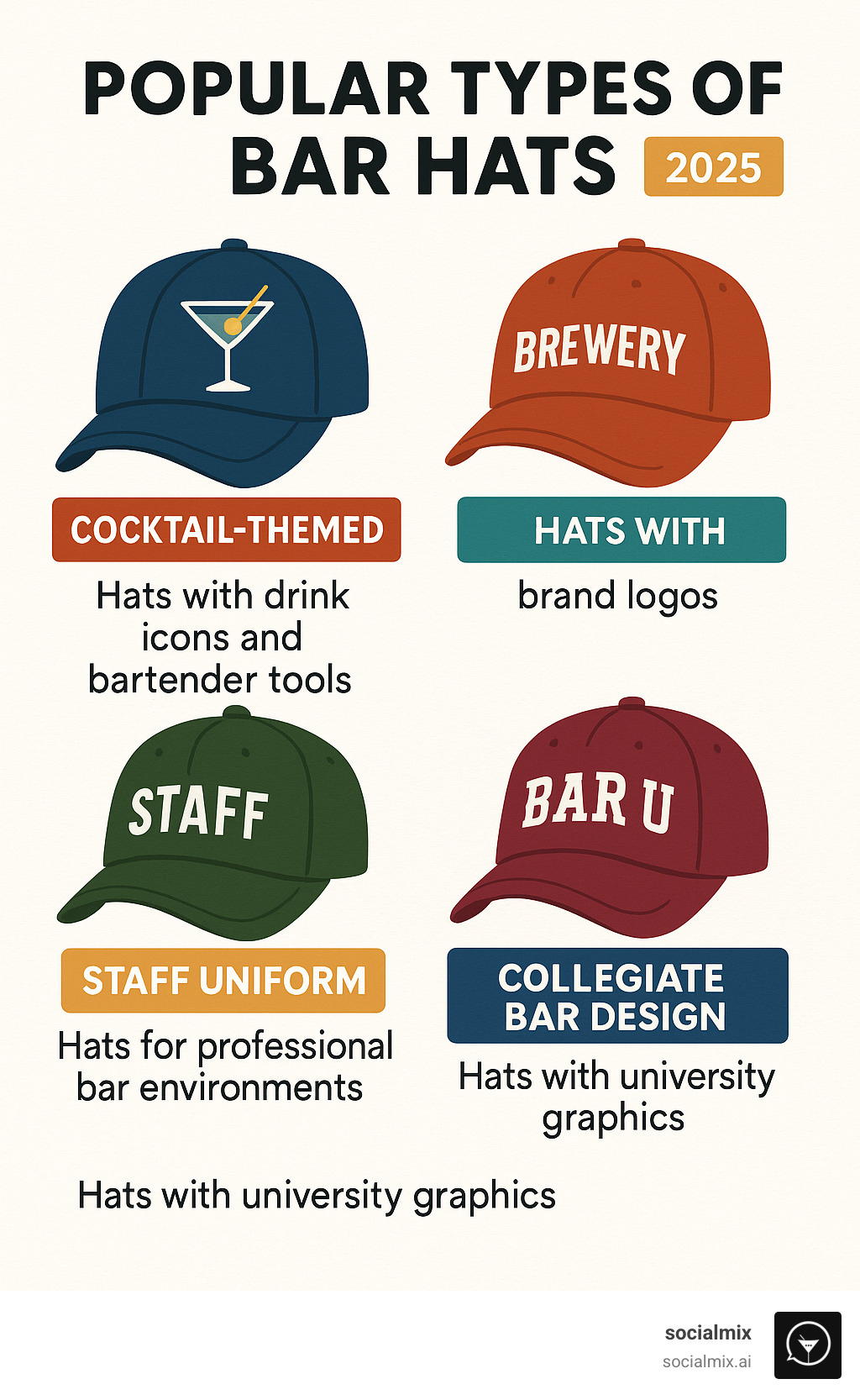 Infographic showing four categories of bar hats: Cocktail-themed hats with drink icons and bartender tools, Brewery merchandise hats with brand logos, Staff uniform hats for professional bar environments, and Collegiate bar design hats with university graphics - bar hats infographic 