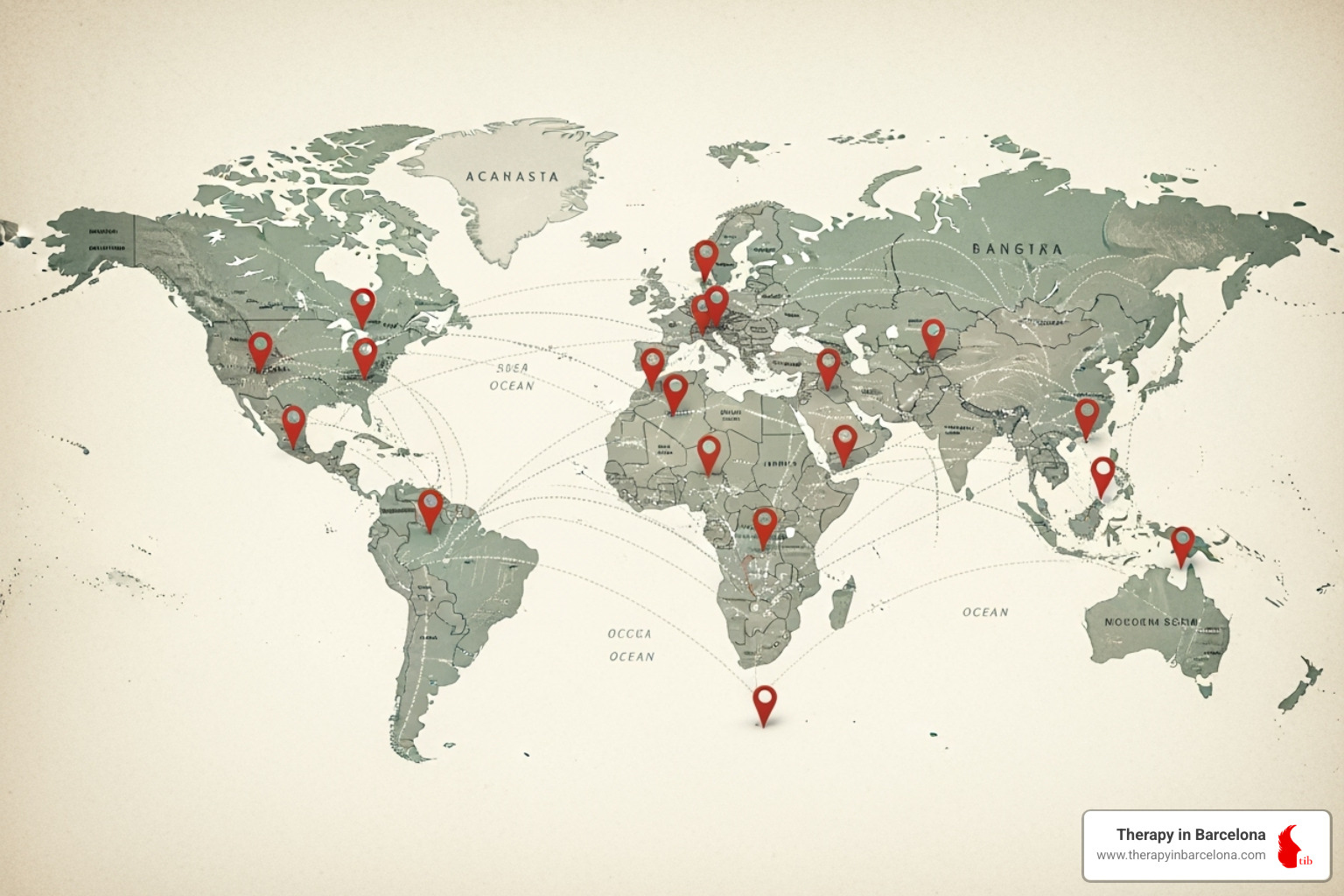 World map with pins in multiple countries, connected by dotted lines - third culture kid therapy World map with pins in multiple countries, connected by dotted lines - third culture kid therapy