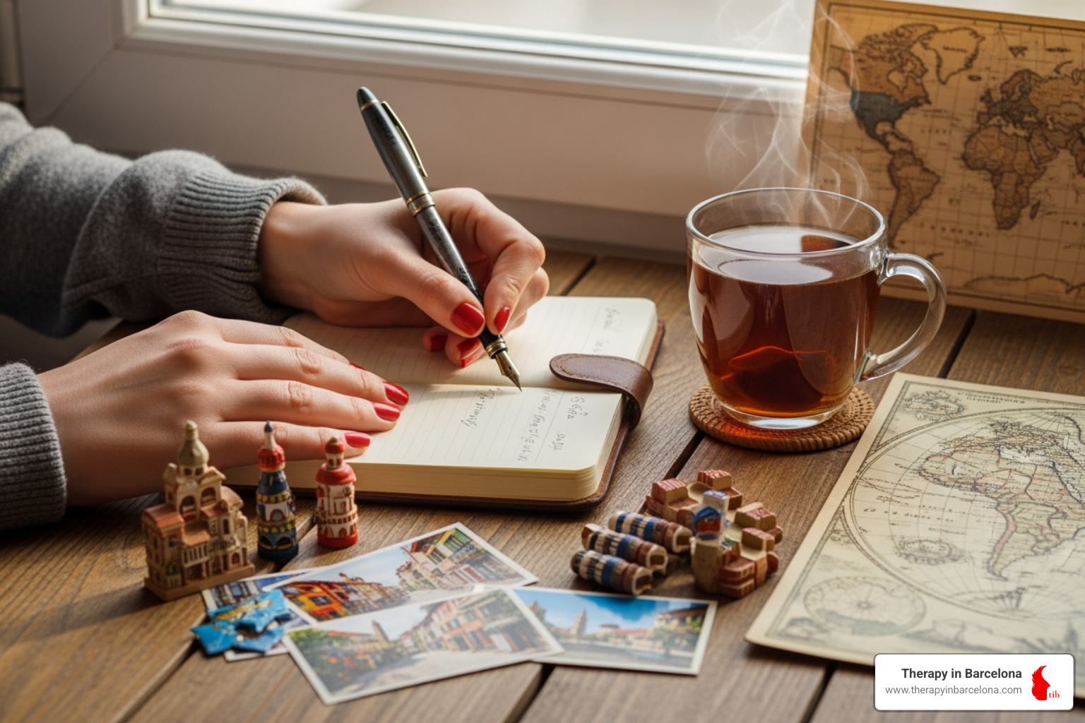 Person journaling with a cup of tea, surrounded by travel memorabilia - third culture kid therapy Person journaling with a cup of tea, surrounded by travel memorabilia - third culture kid therapy