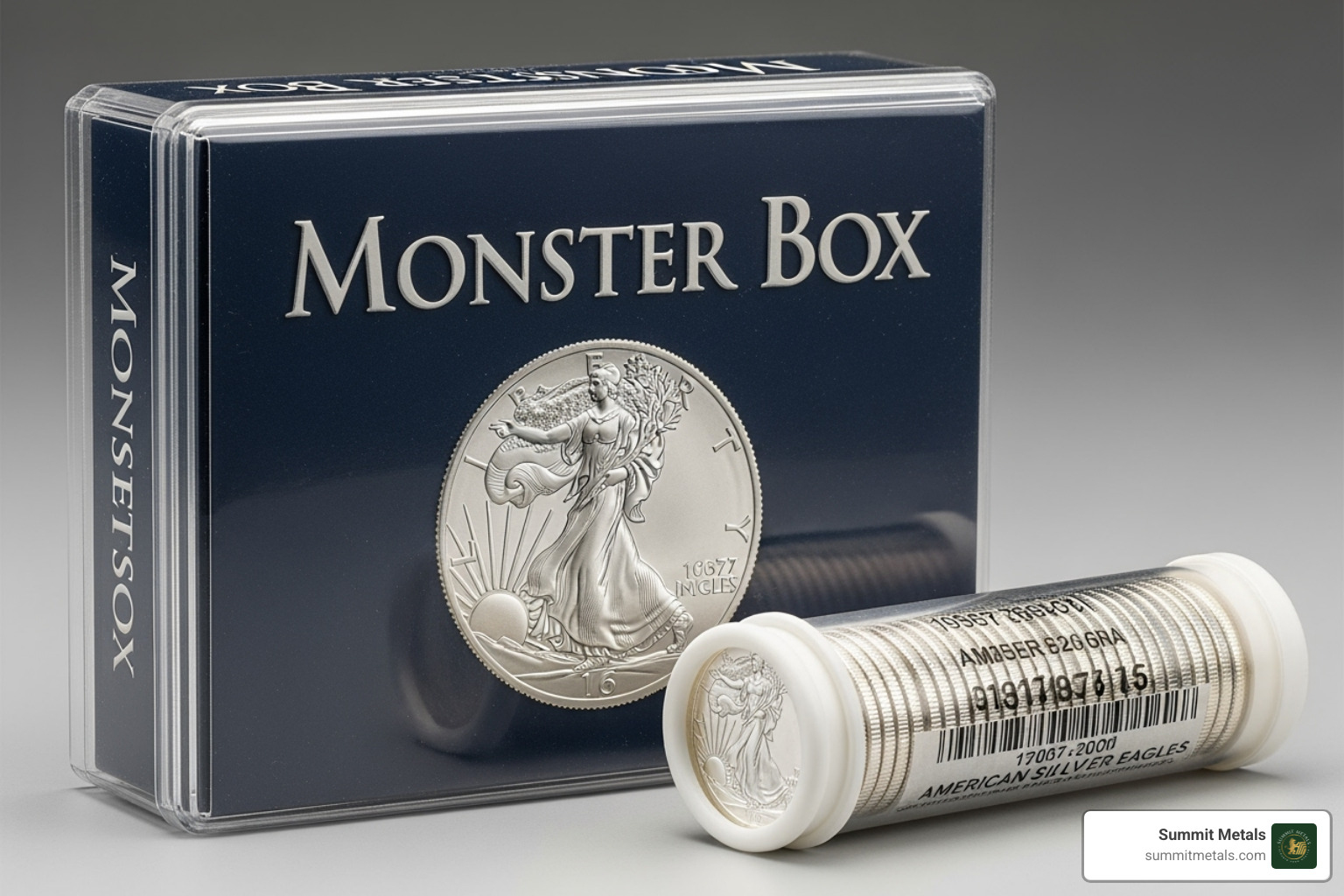 of a sealed "Monster Box" and a plastic mint tube of Silver Eagles - liberty 1 oz fine silver one dollar