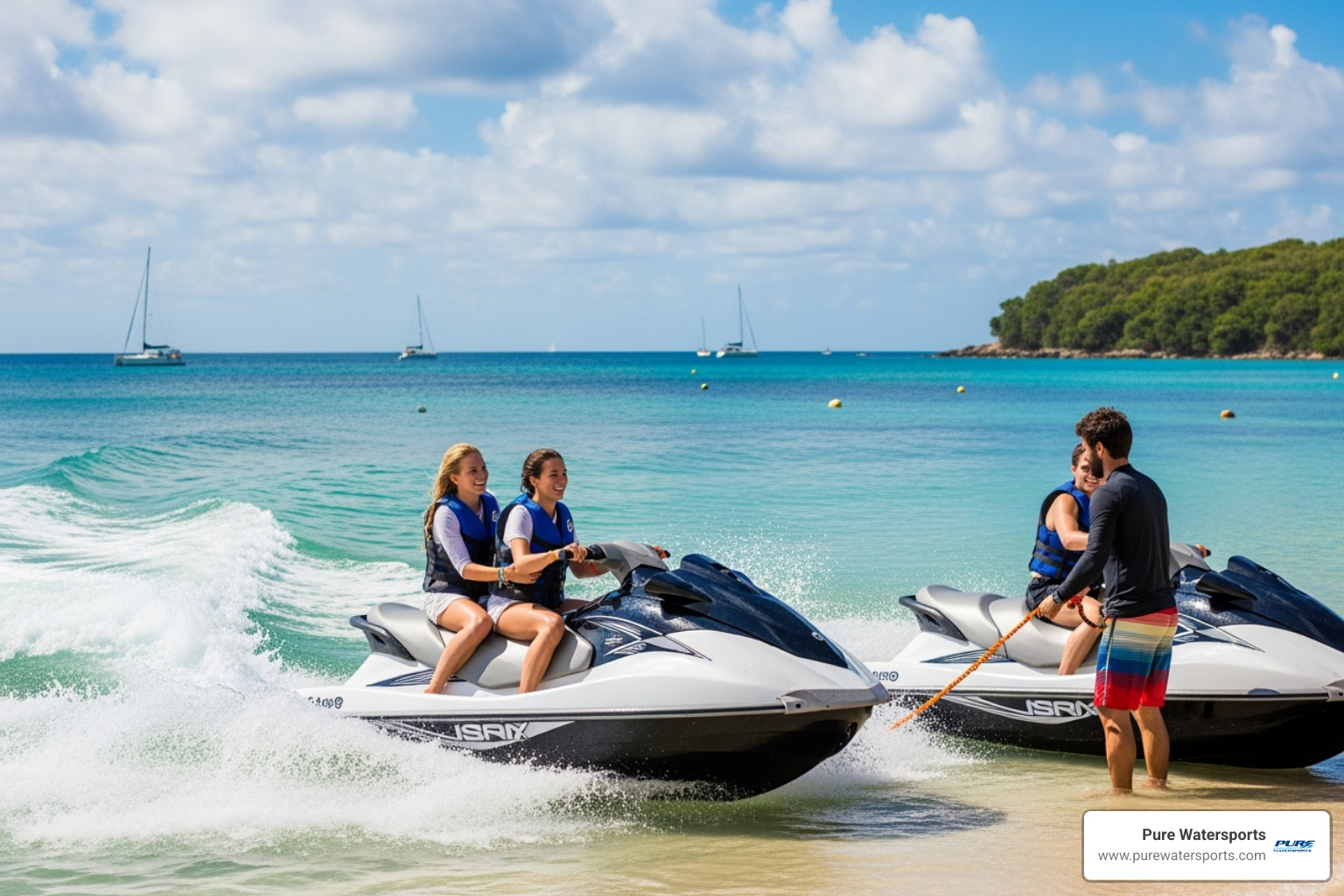 A friendly rental staff member hands a life jacket to a smiling customer, emphasizing safety and readiness for their jet ski trip - jet ski rental near me